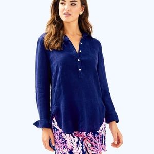 NWOT LILLY PULITZER DEANNA POPOVER Navy Linen top